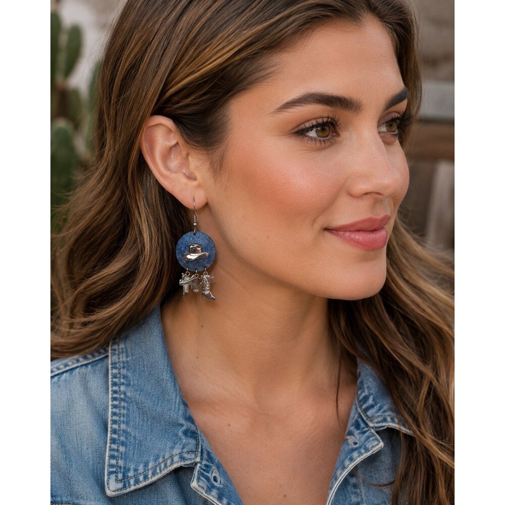 Western Cowboy Hat & Boot Charm Dangle Earrings Blue Round Statement Jewelry